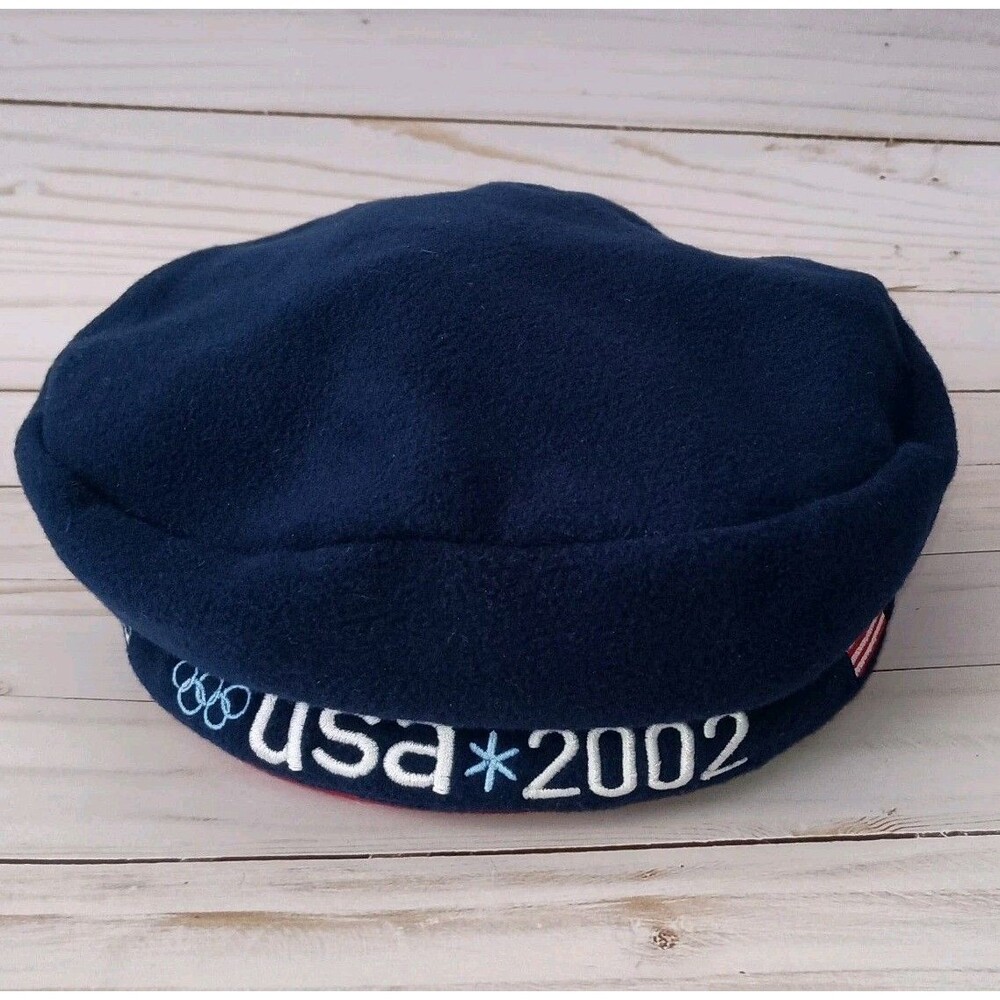 Roots Beret 2002 Olympics Team USA Blue Fleece Hat Beanie Vintage Made in Canada